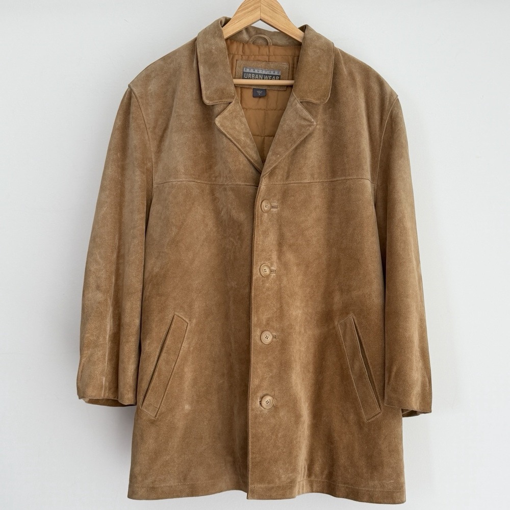 Vintage Suede Leather Jacket Mens Large Brown Car Coat Quilted Western 90s Y2K